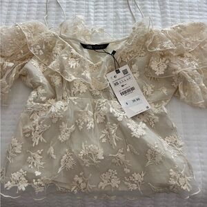 ZARA Cream Floral Embroidered Sheer Blouse